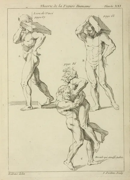 Four male figures; two bearing large books on their shoulders and the other two wrestling av Peter Paul Rubens