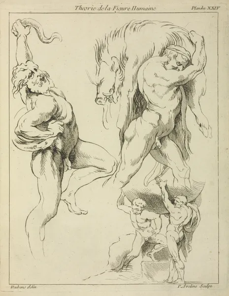 Four studies of figures; one wrestling with a snake, one lifting a dead boar, and two ‘Atlas’ figures lifting a globe av Peter Paul Rubens