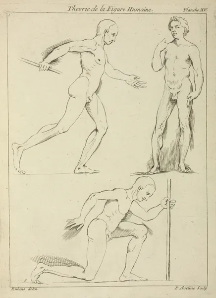 Three male figures, one striding and one kneeling av Peter Paul Rubens