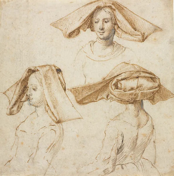 Three Studies of a Woman Wearing an Elaborate Headdress av Peter Paul Rubens