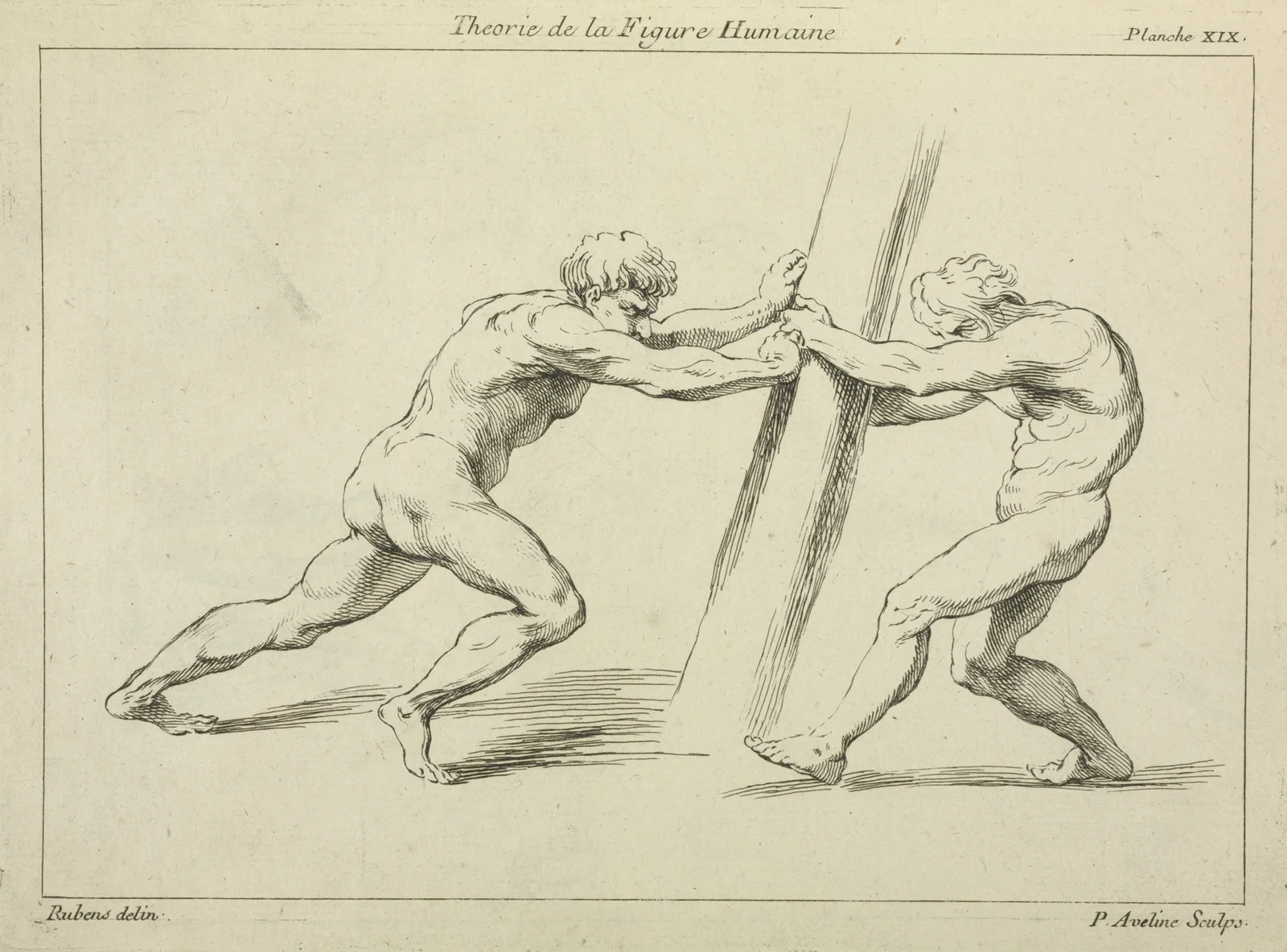Two figures straining against a post av Peter Paul Rubens
