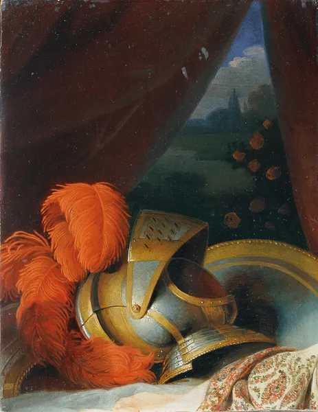 Helmet and round shield Possibly detailed study of ‘Chlorinden’s baptism’ av Johann Peter Krafft
