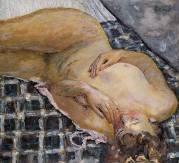 Reclining Nude against a White and Blue Plaid av Pierre Bonnard