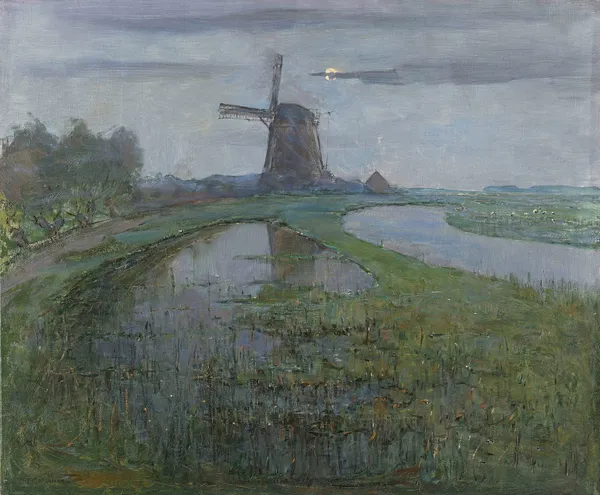 Oostzijdse Mill along the River Gein by Moonlight av Piet Mondrian