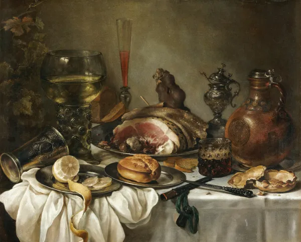 Still Life Of A Roemer, An Earthenware Jug, An Overturned Silver Beaker, A Ham And Other Objects Arranged Upon A Draped Table Top av Pieter Claesz