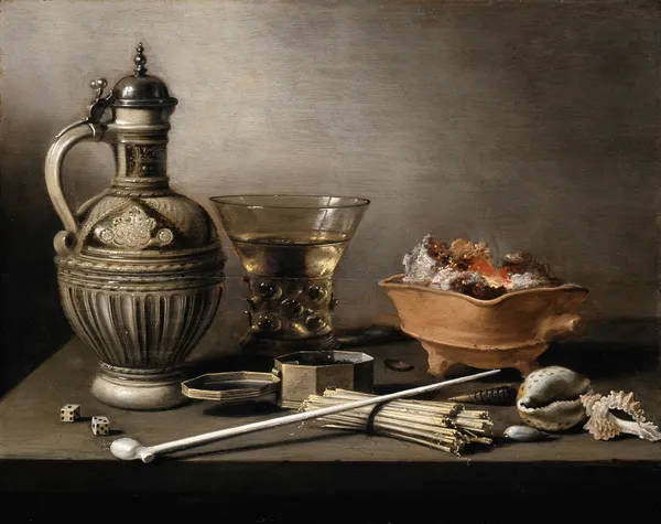 Still Life with a Stoneware Jug, Berkemeyer, and Smoking Utensils av Pieter Claesz
