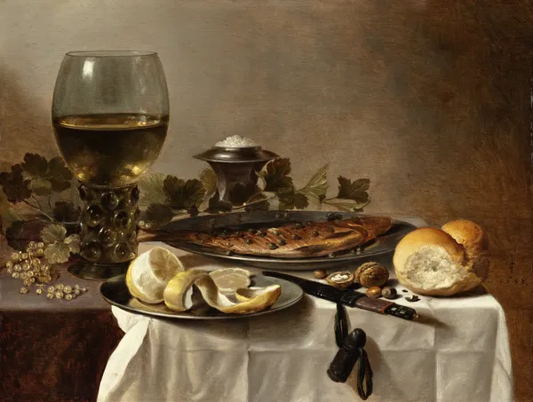 Still Life with Herring, Wine and Bread av Pieter Claesz