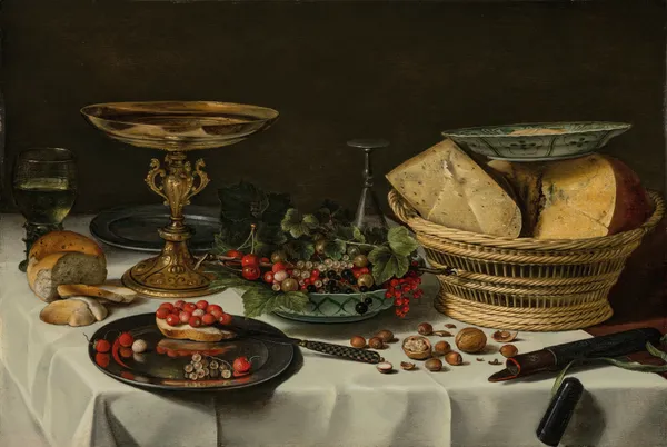 Strawberries, currants and bread on a pewter platter av Pieter Claesz