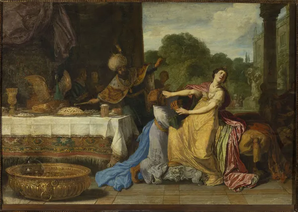 Haman begging the mercy of Esther (Esther 7-6-7) av Pieter Lastman