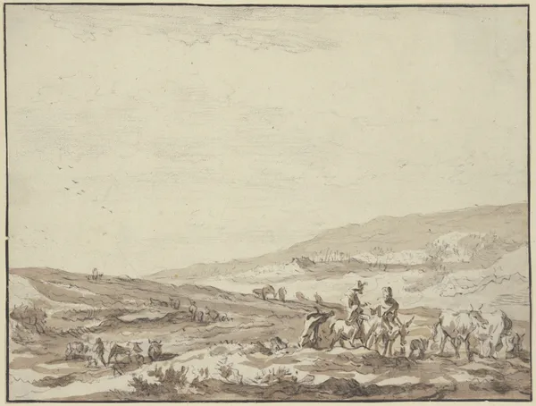 Hügelige Gegend, rechts Hirte und Hirtin auf Eseln reitend mit Vieh av Nicolaes Pietersz. Berchem