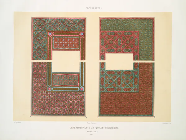 Arabesques; ornementation d’un Qorân mauresque (XVIIIe. siècle); 5 & 8 av Émile Prisse d'Avennes