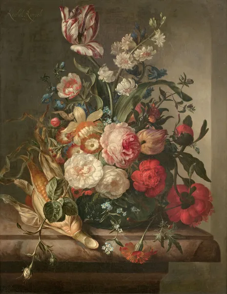 Vase de fleurs et épis de maïs dans une niche av Rachel Ruysch