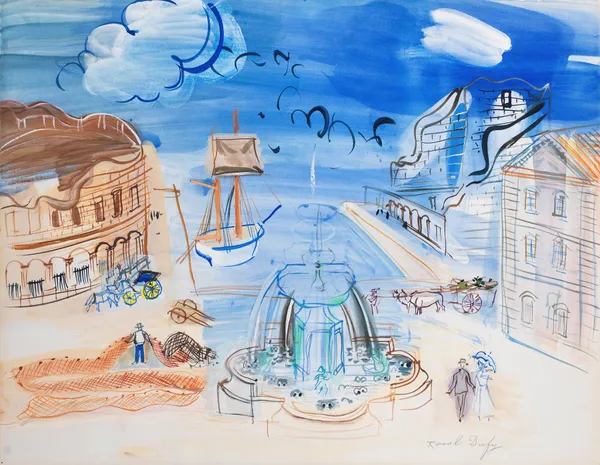 Composition au port et à la fontaine av Raoul Dufy