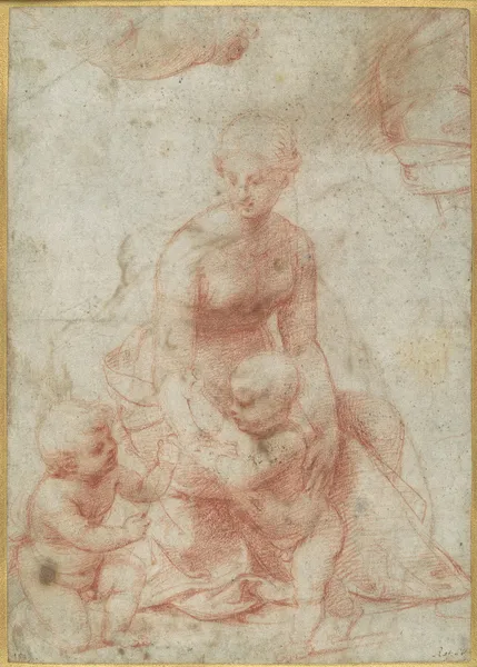 Madonna and Child with the Infant Saint John the Baptist; upper left, Study for the Right Arm of the Infant Saint John; upper right, Study for Drapery (ca. 1506–7) av Raphael
