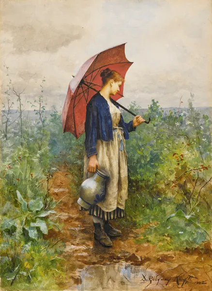 Portrait Of a Woman With Umbrella Gathering Water av Daniel Ridgway Knight