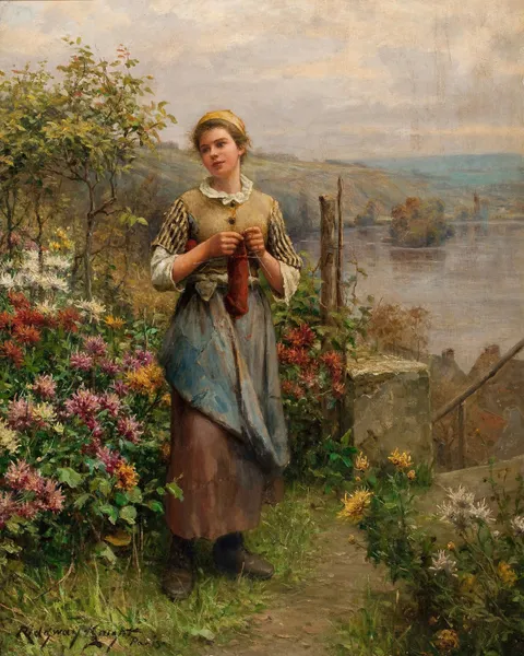 Young Woman Knitting av Daniel Ridgway Knight