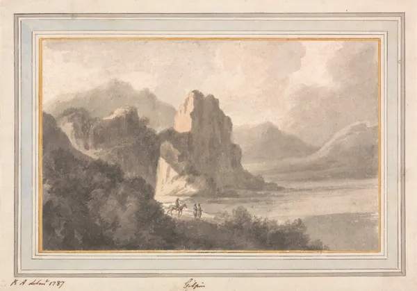 Figures in a Rocky Romantic Landscape av Robert Adam