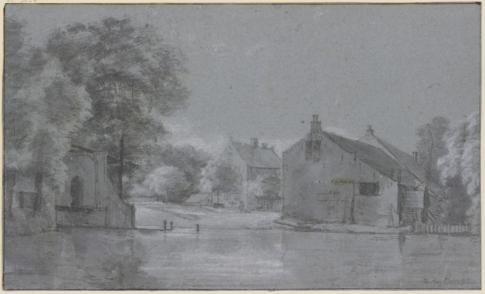 Ein Dorf mit Baumgruppen an einem Fluss av Roelant Roghman