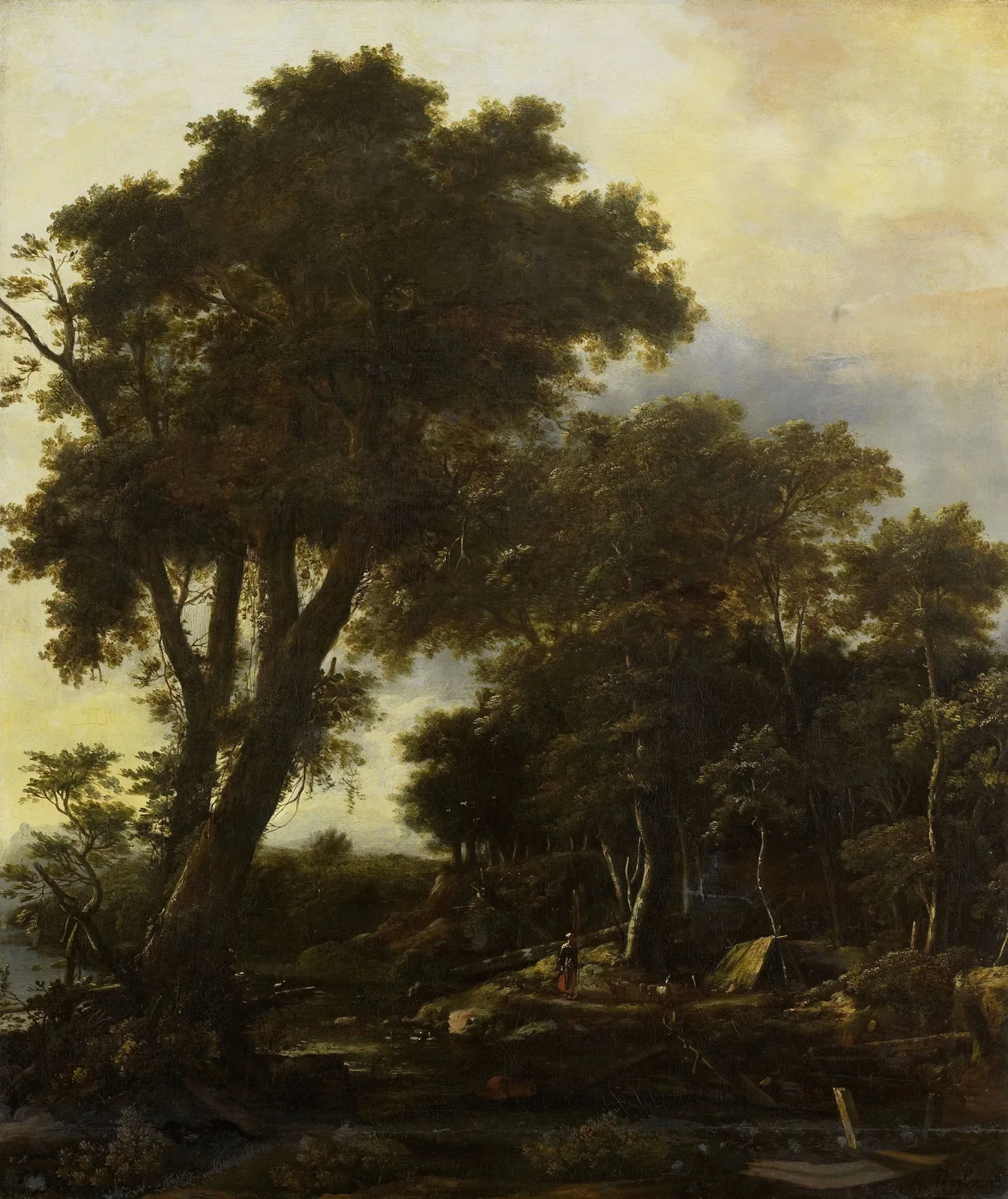 Forest landscape with lean-to av Roelant Roghman