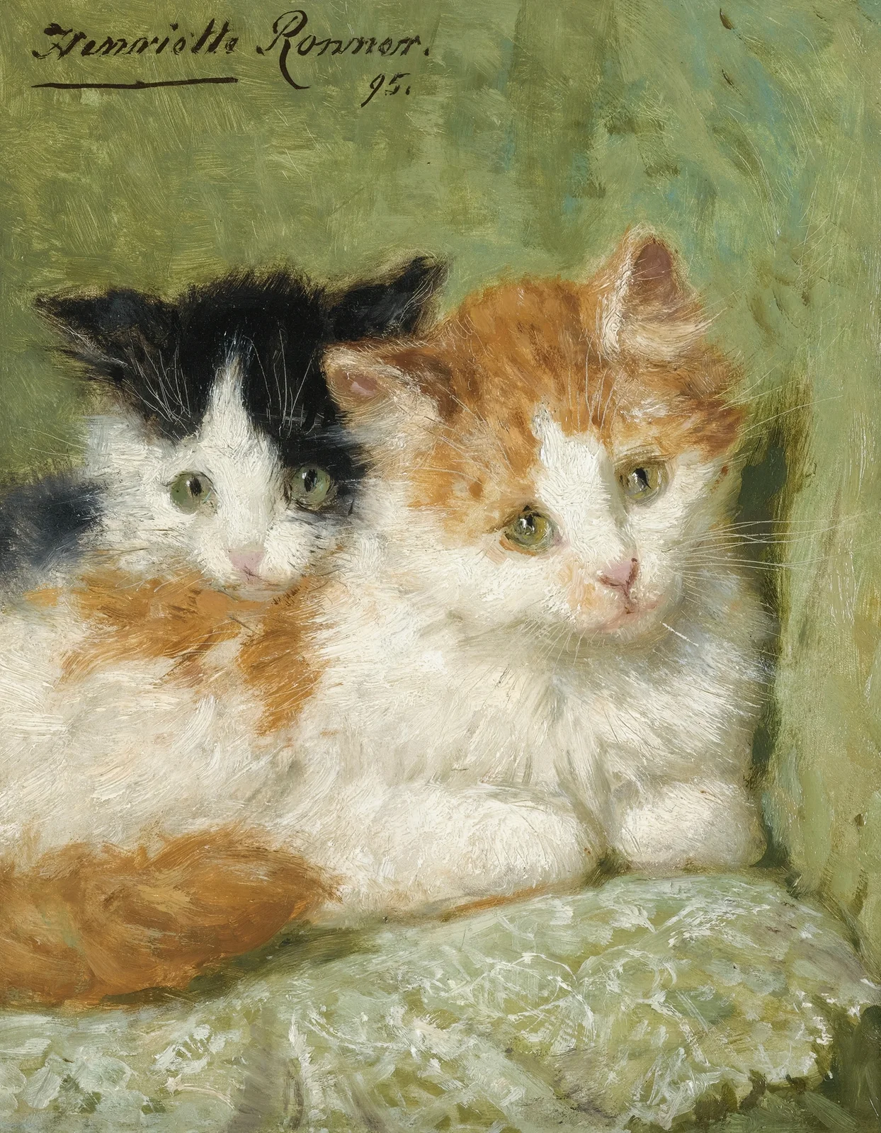 Two Kittens Sitting On A Cushion av Henriëtte Ronner-Knip