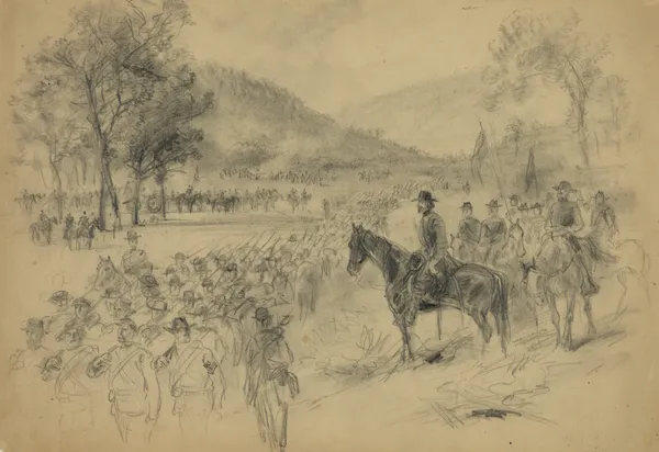 A general and his staff reviewing troops in the field av Alfred Rudolph Waud