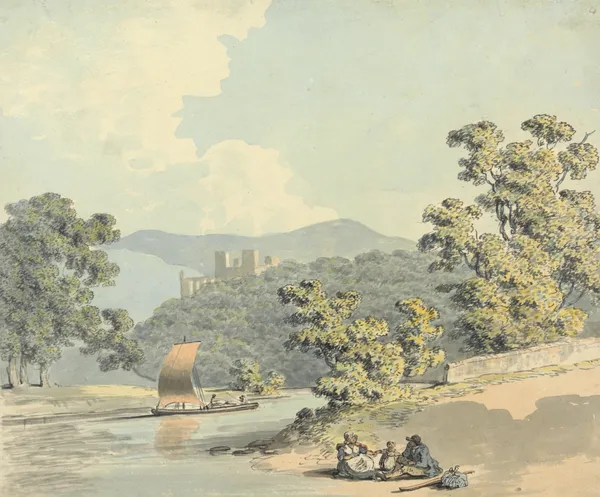 Country Folk with a Child, Beside a River av Samuel Howitt