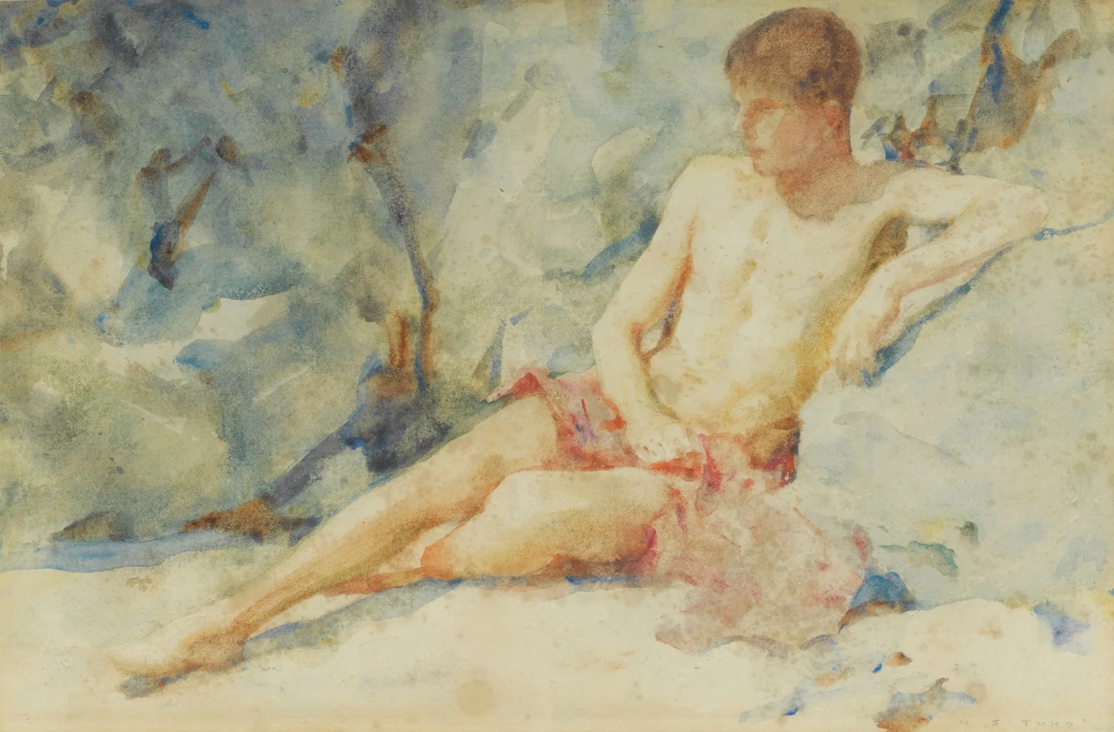 Boy against rock av Henry Scott Tuke