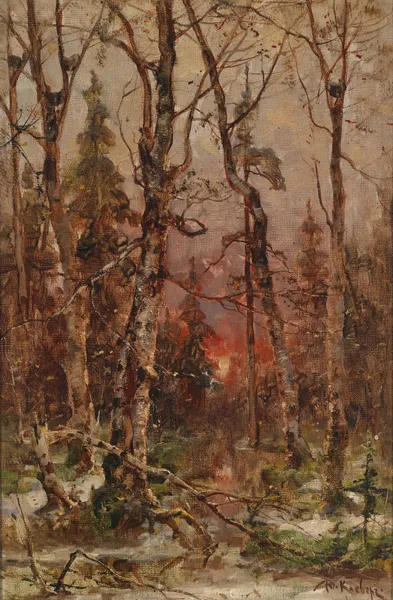 Winterlandschaft bei untergehender Sonne av Julius Sergius Klever