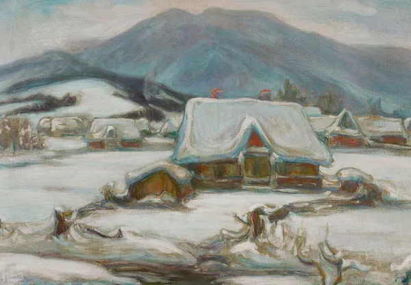 Cottages in the snow av Władysław Ślewiński