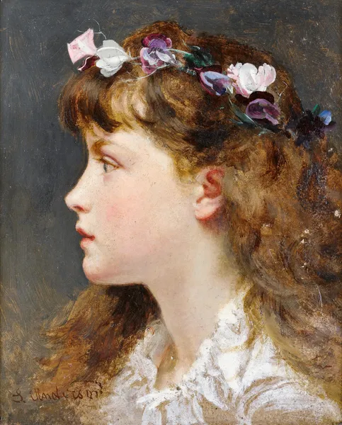 A young girl with a garland of flowers in her hair av Sophie Anderson