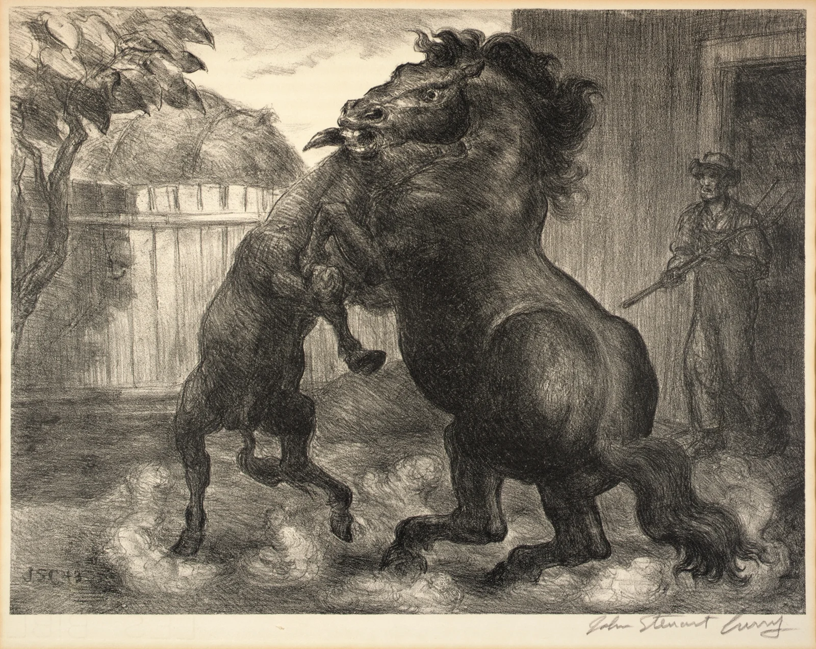 Stallion and Jack Fighting av John Steuart Curry