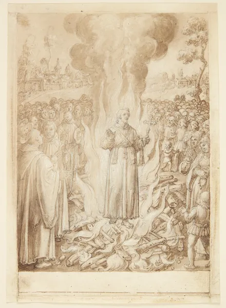 S Giovanni Alberti Fiorentinos historie Abbed Petrus beviser ved ildprøven, at bispen af Firenze er kætter og simonist av Jan van der Straet (Stradanus)