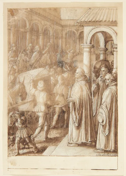 S Giovanni Alberti Fiorentinos historie Helgenen anklager på torvet biskopperne af Firenze for simoni av Jan van der Straet (Stradanus)