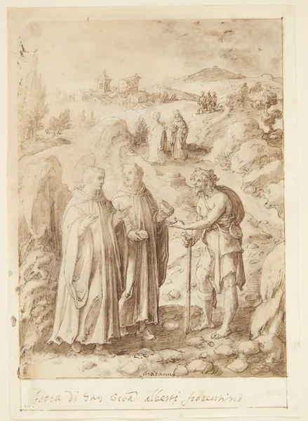 S Giovanni Alberti Fiorentinos historie Helgenen og den ledsagende munk giver en tigger deres sidste brød av Jan van der Straet (Stradanus)