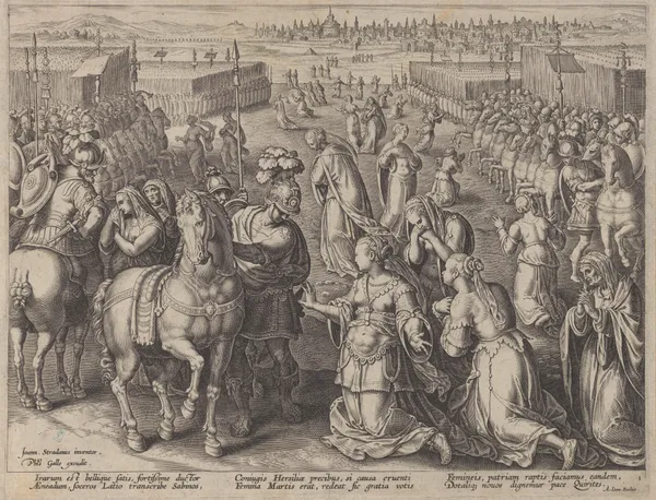 The Mothers of the Sabine Virgins making Peace av Jan van der Straet (Stradanus)