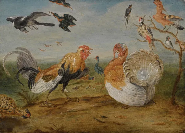 A Landscape With A Cockerel And A Turkey Squabbling, And Other Fowl av Jan Van Kessel The Elder