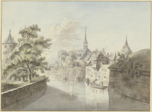 Ansicht des ehemaligen Frankfurter Stadtgrabens am Fischerfeld vor dem alten Judenfriedhof av Christian Georg Schütz the elder