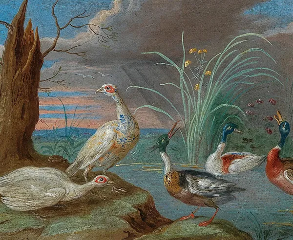 Ducks and other birds near a pond av Jan Van Kessel The Elder