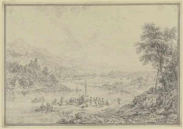 Flussgegend mit einem Städtchen im Tal, Burgen und Schlössern auf den Bergen, vorne am Ufer Schiffe und figürliche Staffage av Christian Georg Schütz the elder