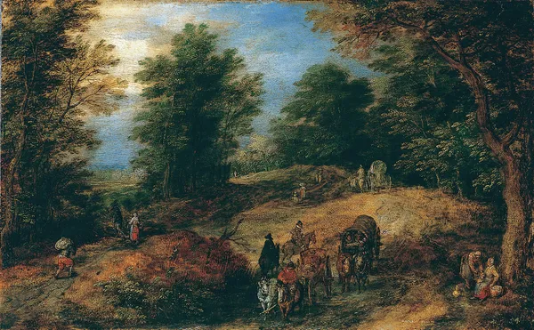 Landscape with Travelers on a Woodland Path av Jan Brueghel The Elder
