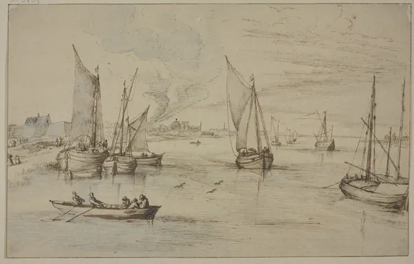 Marine mit vielen Schiffen, links ein Dorf, vorn ein Ruderboot av Jan Brueghel The Elder