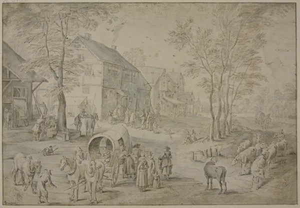 Straße in einem Dorf mit vielen Figuren av Jan Brueghel The Elder