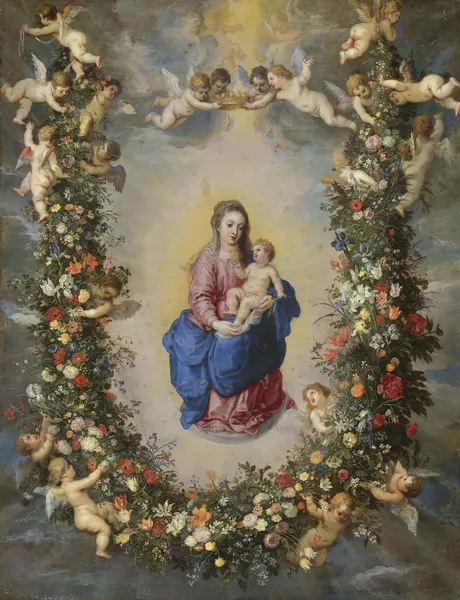 The Virgin And Child Encircled By A Garland Of Flowers Held Aloft By cherubs av Jan Brueghel The Elder