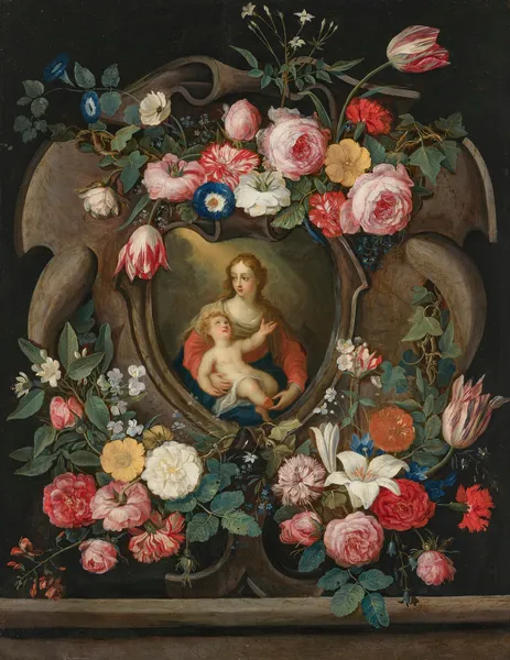 The Virgin and Child in a sculpted cartouche, surrounded by garlands of flowers av Jan Van Kessel The Elder