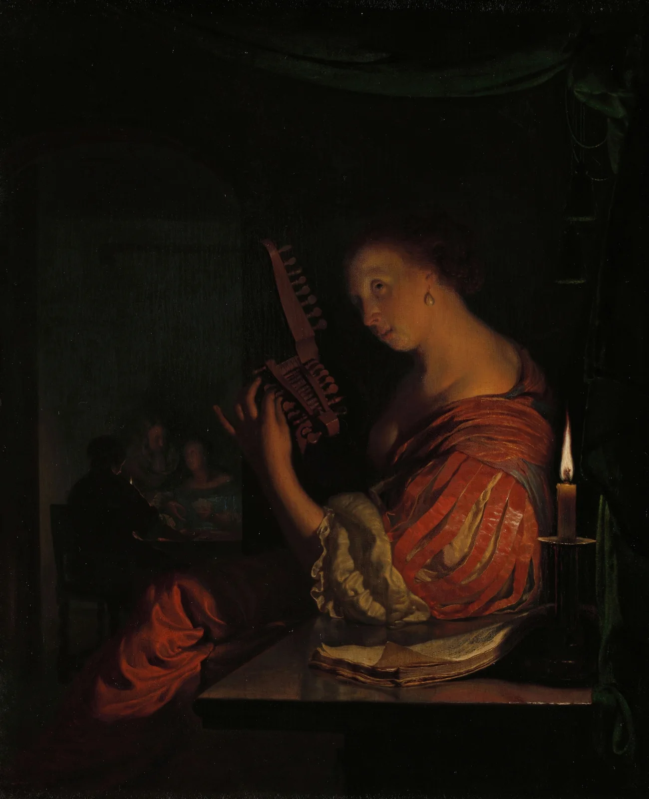 Vrouw die een teorbe stemt av Frans van Mieris the Elder