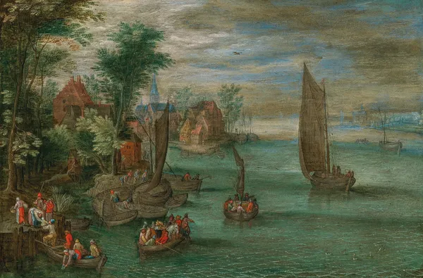 A river landscape with ferries and sailing boats av Jan Brueghel the Younger