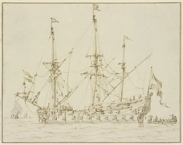 Ein Kriegsschiff mit herabgelassenen Segeln av Willem van de Velde the Younger