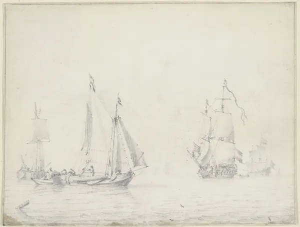 Links drei Barken, rechts zwei größere Schiffe unter vollen Segeln av Willem van de Velde the Younger