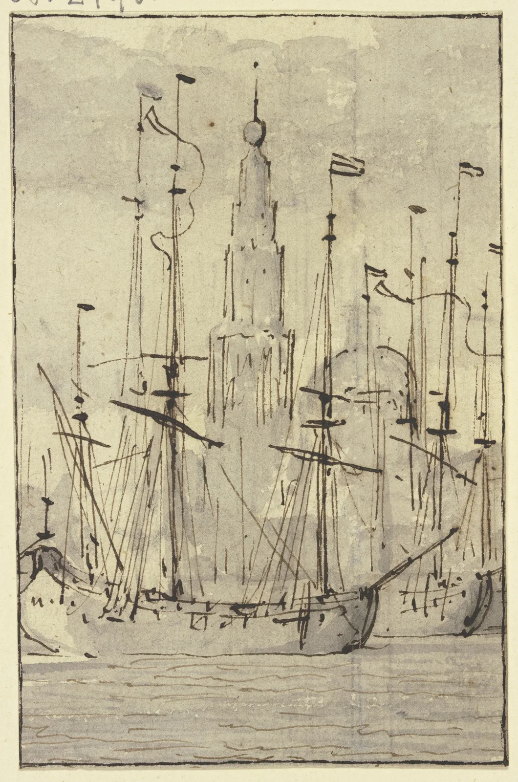 Schiffe, vor einer Kirche liegend av Willem van de Velde the Younger