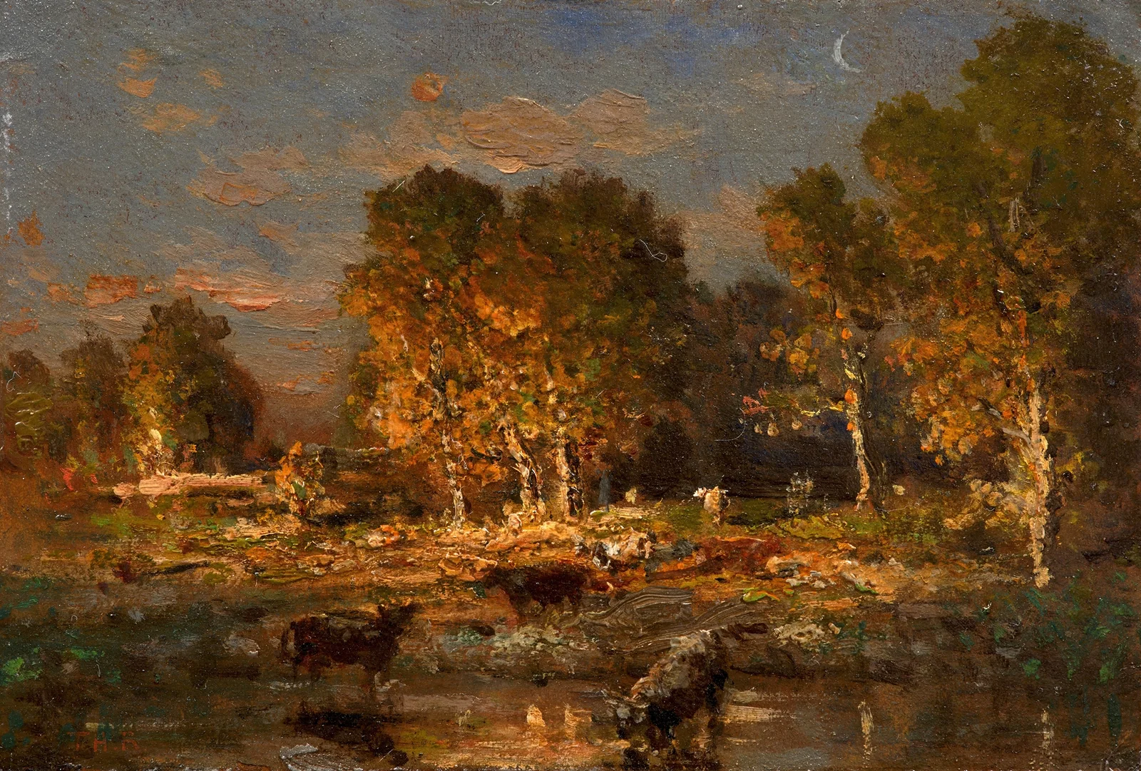 Cows drinking at sunset av Théodore Rousseau